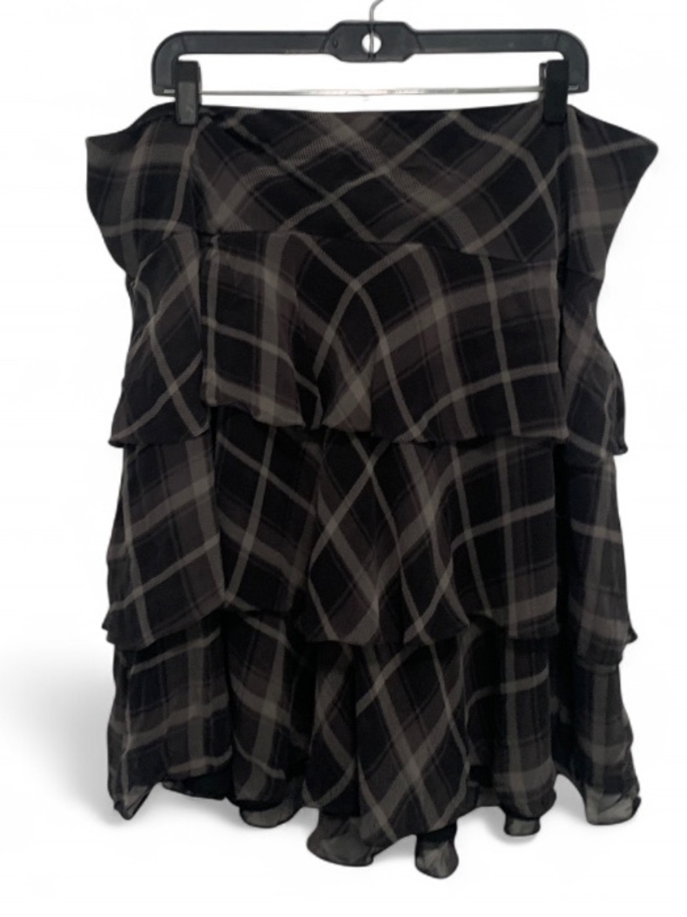 Vintage Lauren Ralph Lauren Tiered Plaid Silk Skirt - Black and Gray